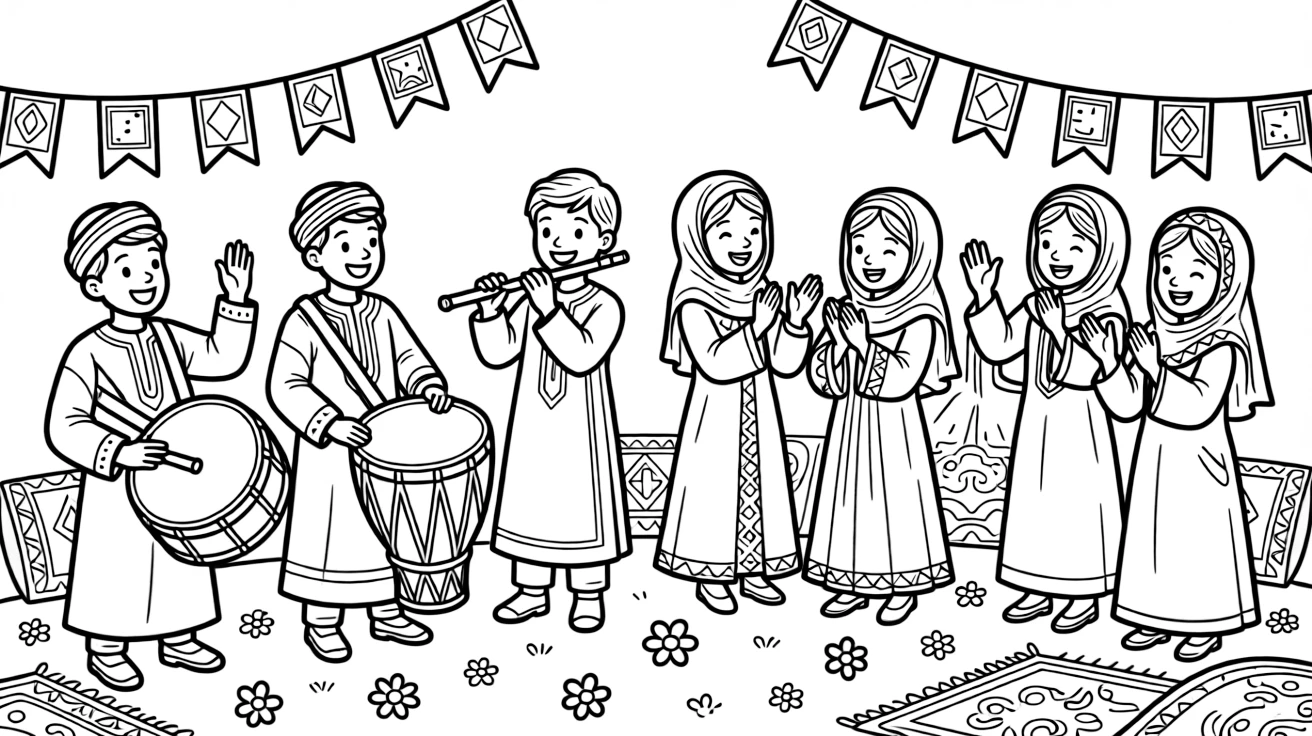 A coloring page showing a lively celebration in Algeria with a lively wedding celebration with musicians and colorful robes, while families clap and cheer and colorful banners hang overhead.