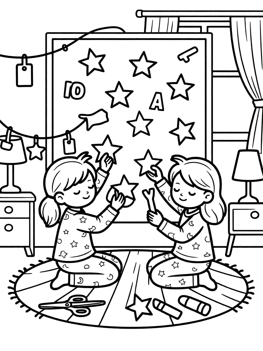 sleepy twin sisters help decorate a bulletin board with cut-out paper stars and letters.