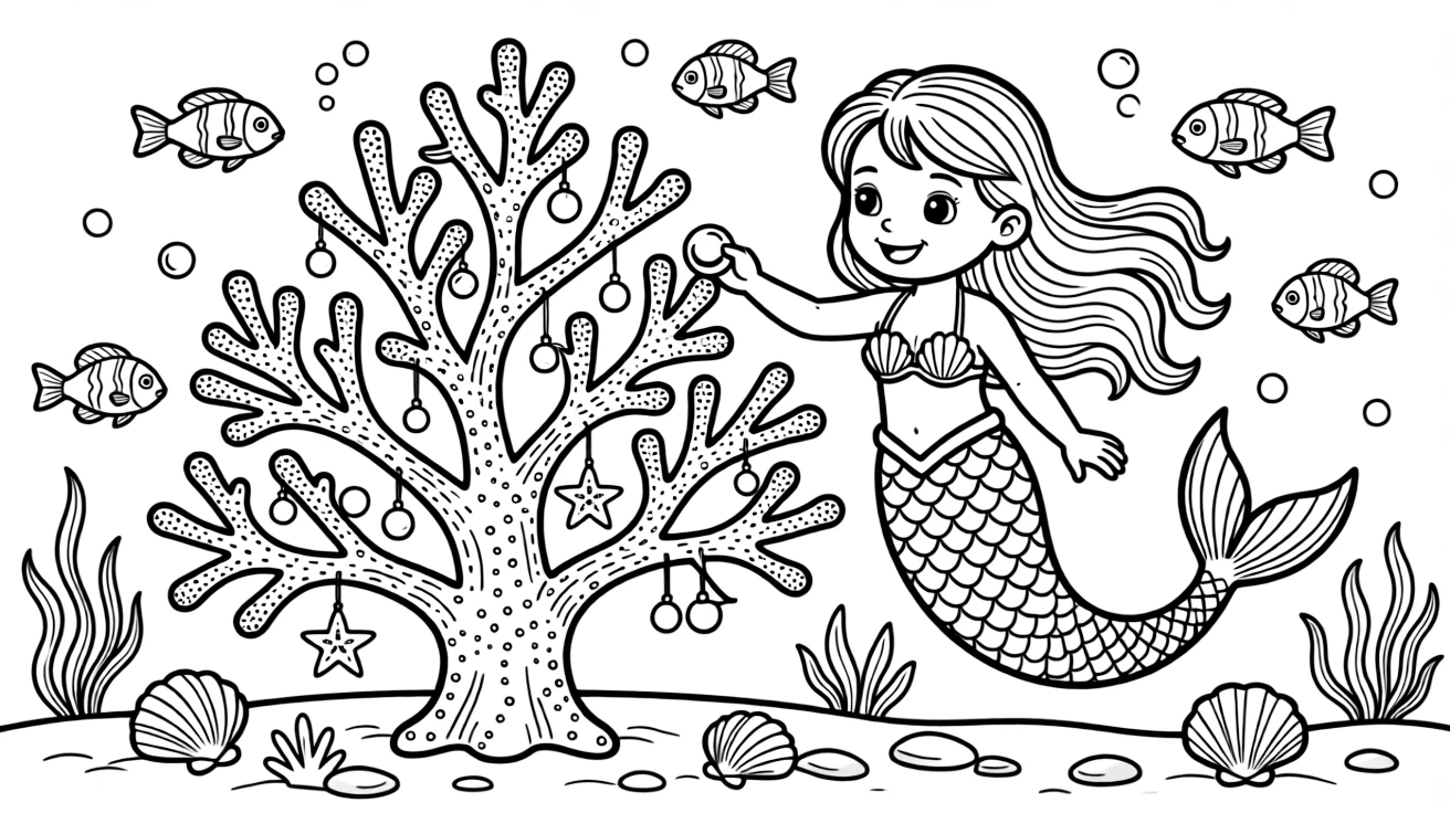 A young mermaid decorates an underwater Christmas tree made of coral with glowing pearls and starfish ornaments.