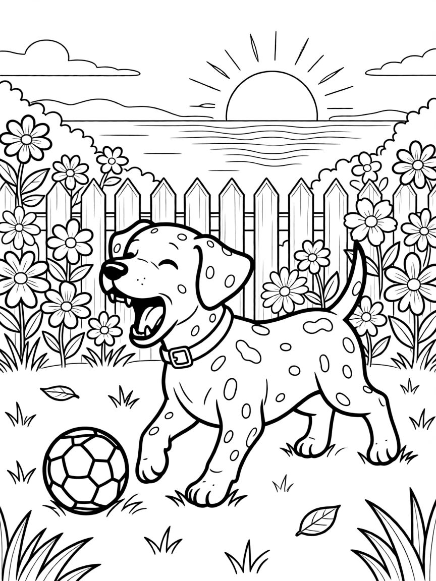 [Pets] a spotted dalmatian puppy chasing a bouncing ball in a sunny backyard, letting out a triumphant roar, while flowers bloom along the garden fence fills the surrounding area. Soft fur textures invite plenty of coloring detail. Set at sunset, with heat waves shimmering in the distance, the page bursts with adventure and imagination.
