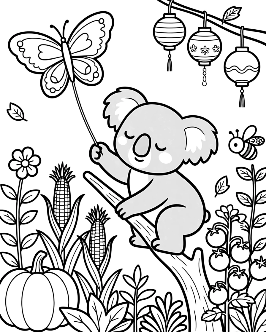 A sleepy koala clinging to a branch is flying a colorful kite shaped like a butterfly in a vegetable garden at harvest time. In the background, paper lanterns hanging from low branches and a curious bumblebee buzzing among the blooms make the setting feel extra special.