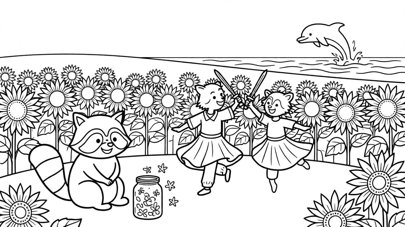 A round raccoon sitting beside dancers performing a lively sword dance in a sunflower field stretching toward the horizon, with a jar full of fireflies and a friendly dolphin leaping from the waves scattered about.