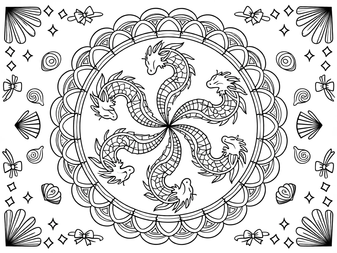 Mythical & Fantasy Creatures: The design turns a sea dragon with a curling serpentine body into a kaleidoscope-style composition anchored by a scalloped wreath mandala with rounded overlapping arcs. The imagery is reflected six times around a central point, so each wedge of the page mirrors the one beside it. Decorative details fill the surrounding space, including loops shaped like small bows, tightly coiled spiral shells, and fan-shaped feather clusters woven throughout the background. A playful extra touch completes the page: a few sparkling gem shapes dotted along the outer border.