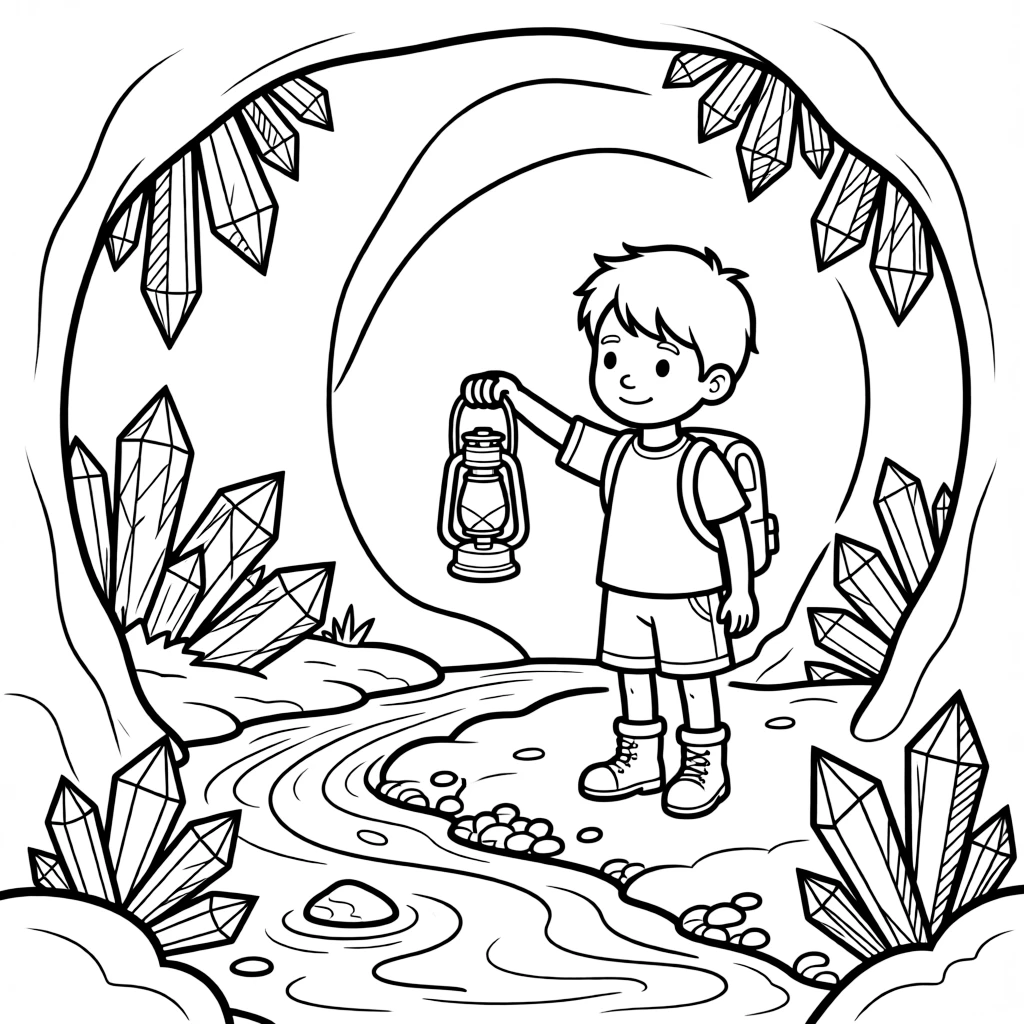 [Mystical Caves] A young explorer holds up a lantern, illuminating a cave wall covered in sparkling crystals. A small underground stream trickles past clusters of glittering mineral formations. Smooth cave walls are dotted with clusters of amethyst and quartz crystals. A gentle echo carries through the cavern beneath the soft glow of natural crystals.