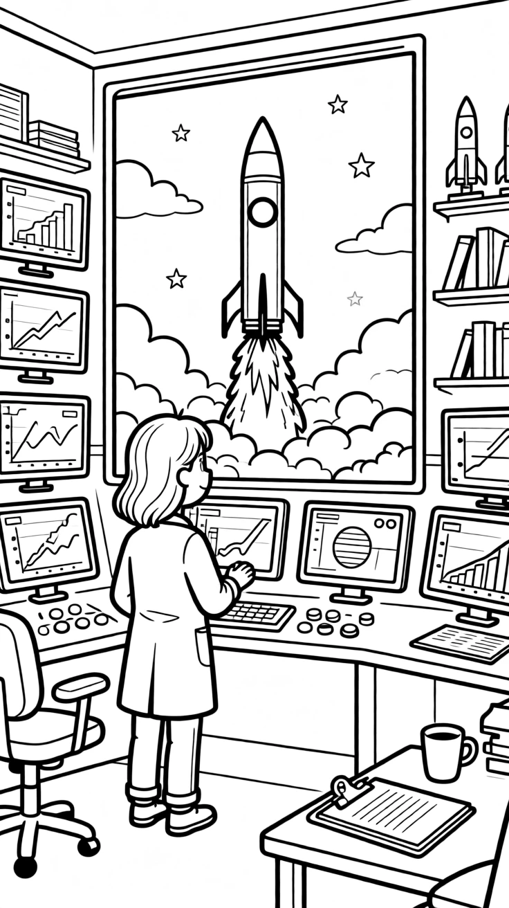 A rocket scientist watches a fiery launch from a control room full of screens.