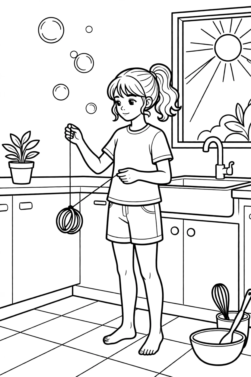 A confident preteen girl playing with a yo-yo alone in a sunny kitchen, deeply focused, as soap bubbles float upward.