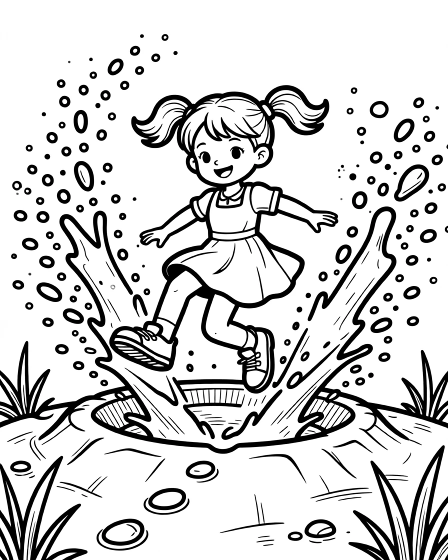 A determined girl with pigtails, landing in a sandy pit with a triumphant splash of sand flying up.