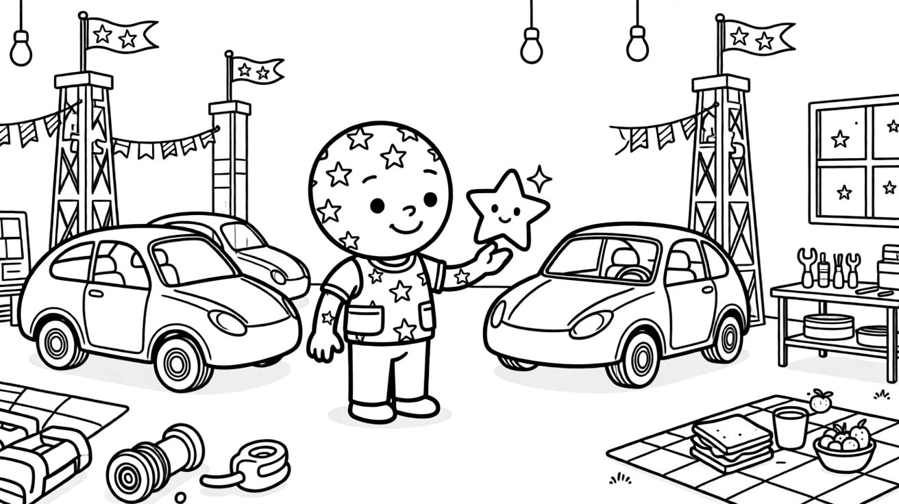 Marsh, a gentle alien creature covered in star-shaped spots guiding a lost baby star back to its constellation in a workshop garage filled with half-finished hovercars, as banners and flags fluttering from tall towers and a picnic blanket spread with snacks under the stars fill the scene.