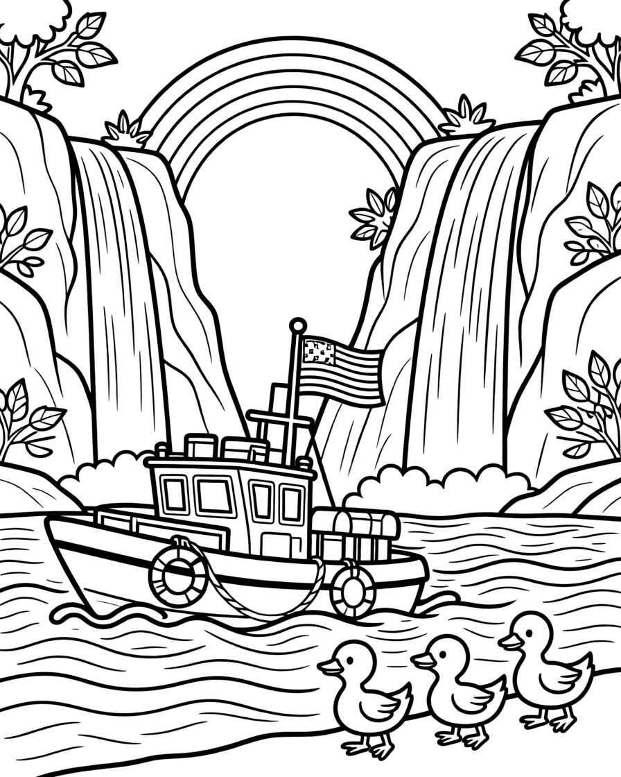 A coast guard rescue boat riding over choppy waves is shown journeying through a national park with towering waterfalls and rocky cliffs, with a family of ducks waddling alongside close by and a rainbow arching across the sky completing the lively scene.