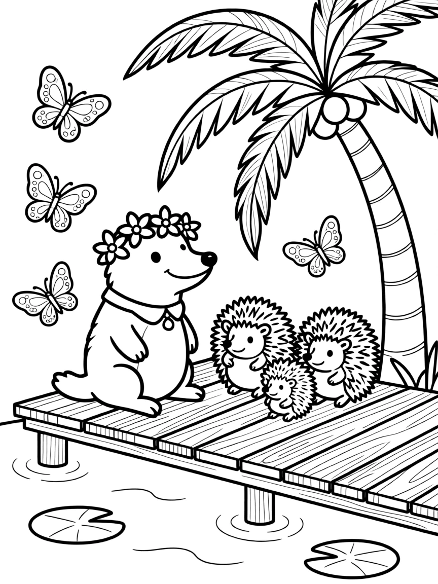 A platypus wearing tiny flower crowns with a family of hedgehogs on a wooden dock over a pond, near a tropical palm tree, surrounded by fluttering butterflies.