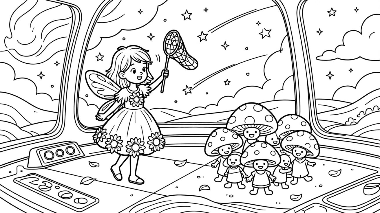 Tiny and full of excitement, a sunflower fairy spends the day fishing for shooting stars with a butterfly net on a spaceship deck looking out at swirling nebulae. Nearby, a cluster of giggling mushroom sprites adds to the fun. Giggles echo happily through the whole valley.