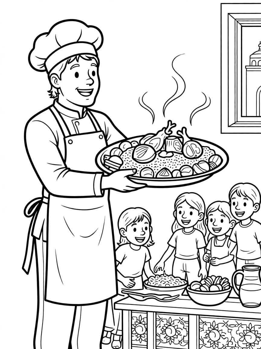 A coloring page of a happy cook in Algeria presenting a plate of couscous with lamb and vegetables, with steam rising and cheerful helpers gathered around the table.