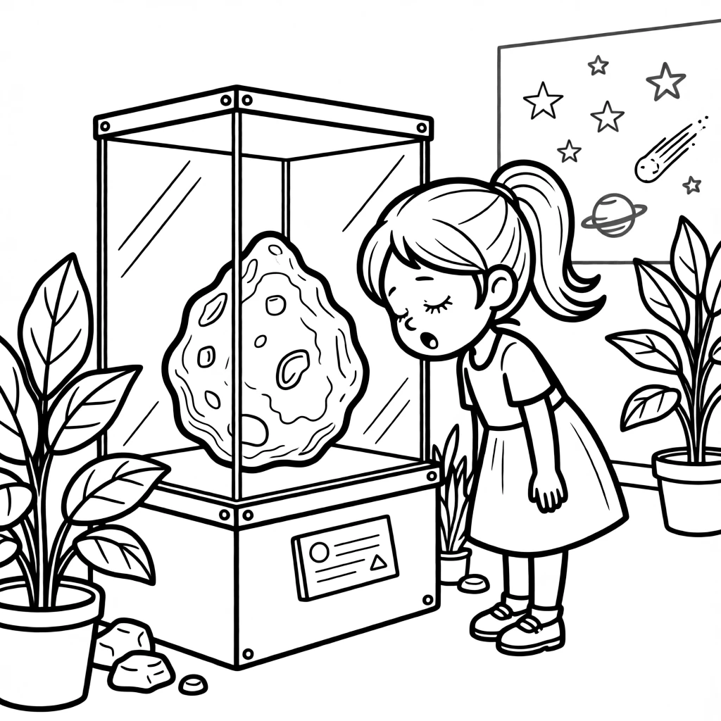 a sleepy little girl examines a real meteorite behind glass at a natural history museum.