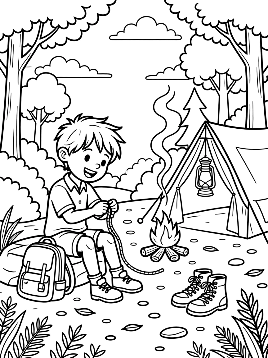 [Camping] A dynamic scene shows a scout tying a rope knot hiking along a forest trail near a crackling campfire, grinning with excitement. Close by, a tent glows softly from a lantern inside. A backpack and hiking boots sit nearby. The moment unfolds at sunset, with fluffy clouds drifting overhead, filled with energetic detail perfect for a young colorist.