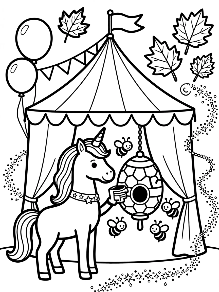 A sparkly unicorn with a rainbow mane is harvesting honey from a friendly beehive inside a circus tent during a cheerful show. In the background, swirling autumn leaves in every color and a trail of glittering fairy dust round out the happy picture.