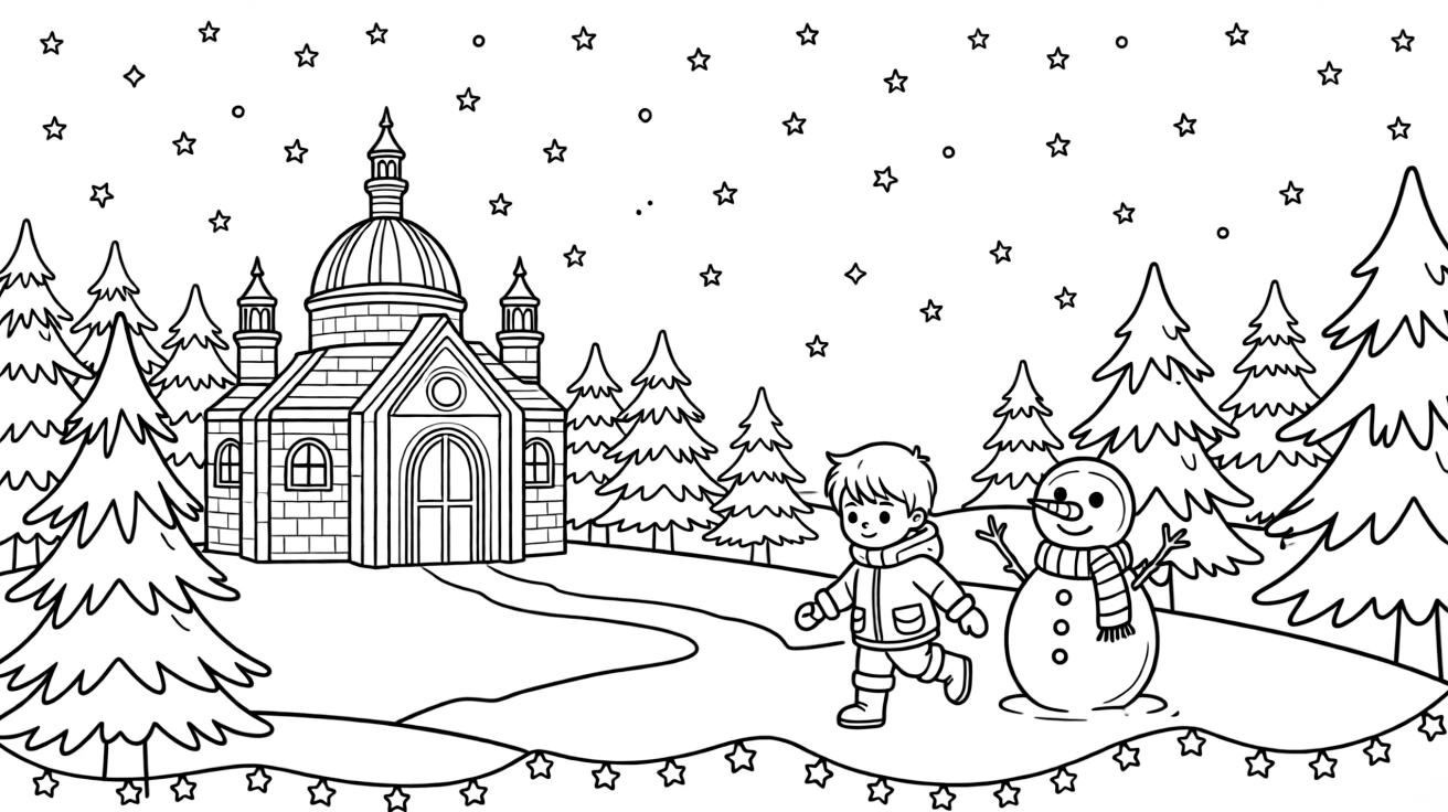 A lantern-lit ice palace under a starry sky on a hillside dotted with snow-frosted evergreens, with a shy toddler taking it all in playing close by amid a string of twinkling lights and a cheerful snowman with a striped scarf.