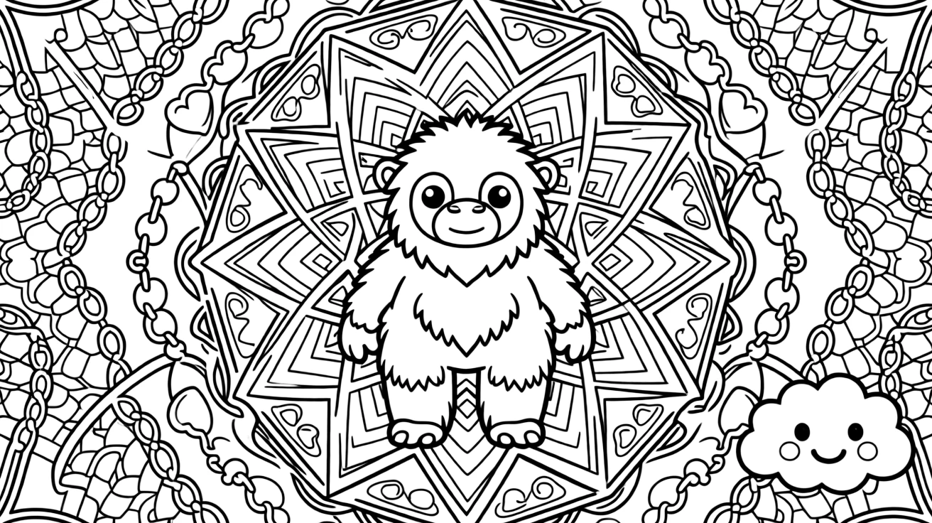 Mythical & Fantasy Creatures: The main subject is a baby yeti with shaggy rounded fur, drawn as the focal point of a diamond lattice mandala crossing over itself in a grid. It is placed dead center, with the surrounding rings mirrored perfectly across every direction. Decorative details fill the surrounding space, including a chain of linked heart shapes, overlapping fish-scale textures, and interlocking circle chains woven throughout the background. A playful extra touch completes the page: a small round cloud with a friendly face tucked into a corner.