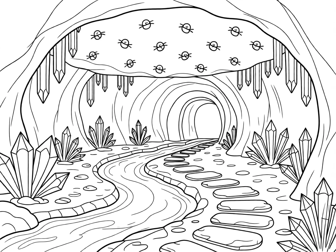 [Mystical Caves] A family of glowworms lights up the ceiling of a quiet underground cavern. A small underground stream trickles past clusters of glittering mineral formations. A narrow stone path winds between rock formations toward a hidden underground chamber. A gentle echo carries through the cavern beneath the soft glow of natural crystals.