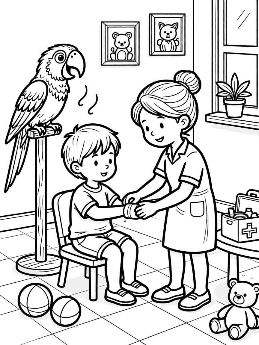 A young child getting a colorful bandage from a nurse while a parrot squawks from a perch.