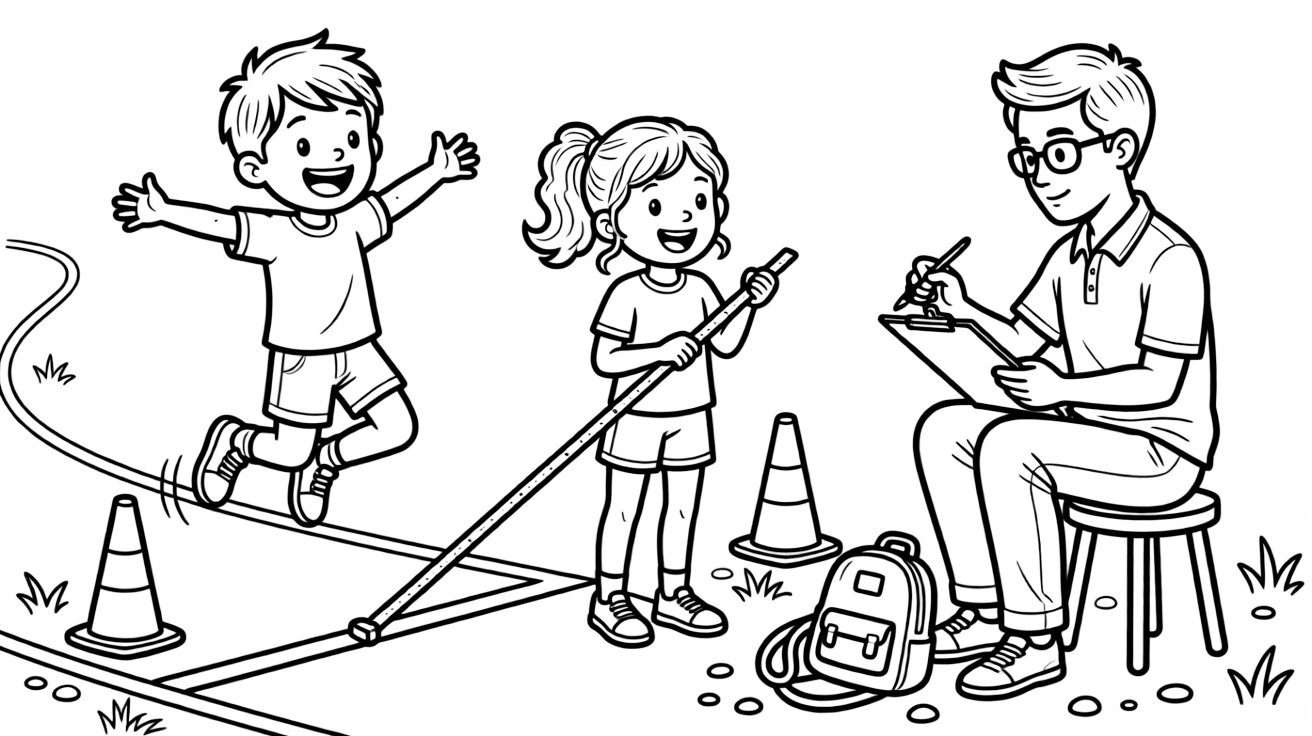 A pair of best friends, measuring a jump with a tape while a coach records the distance.