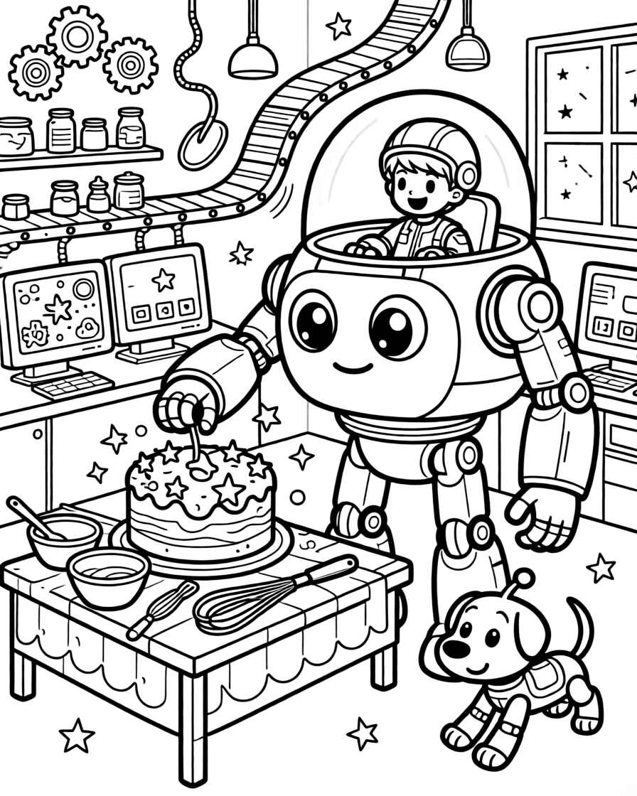 In a robot school with classrooms full of gears and screens, young pilot Ozzy riding inside the friendly giant mech Star-Titan helping bake a giant space cake for the colony's founding day, while a robot dog wagging its antenna tail adds to the excitement.