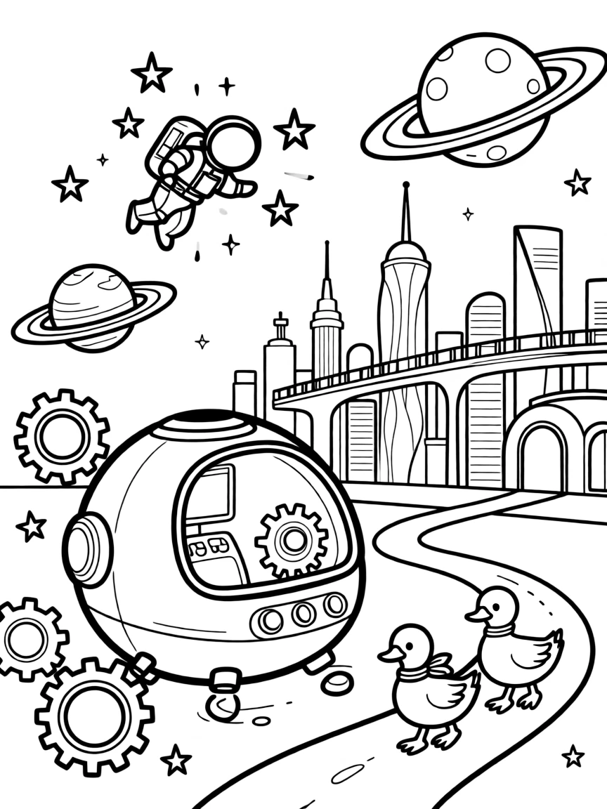 A coloring page featuring a spacewalk pod drifting near a cluster of twinkling stars, traveling through a gleaming futuristic city skyline with towers and skywalks, with a family of ducks waddling alongside and planets with colorful rings floating nearby and gears and control panels glowing softly filling the scene.