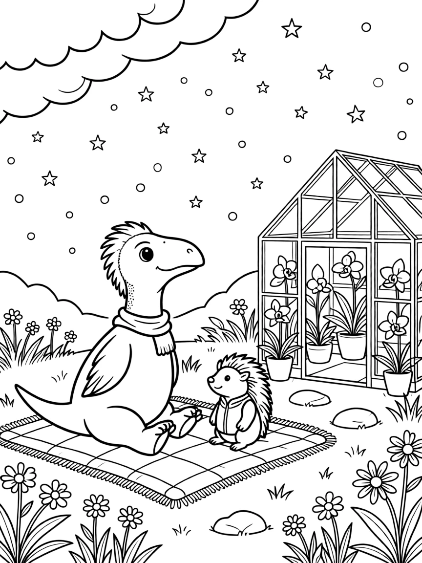 A pterodactyl stargazing on a blanket with a porcupine on a mountaintop meadow, near a orchid greenhouse, as gentle snowflakes drift down.