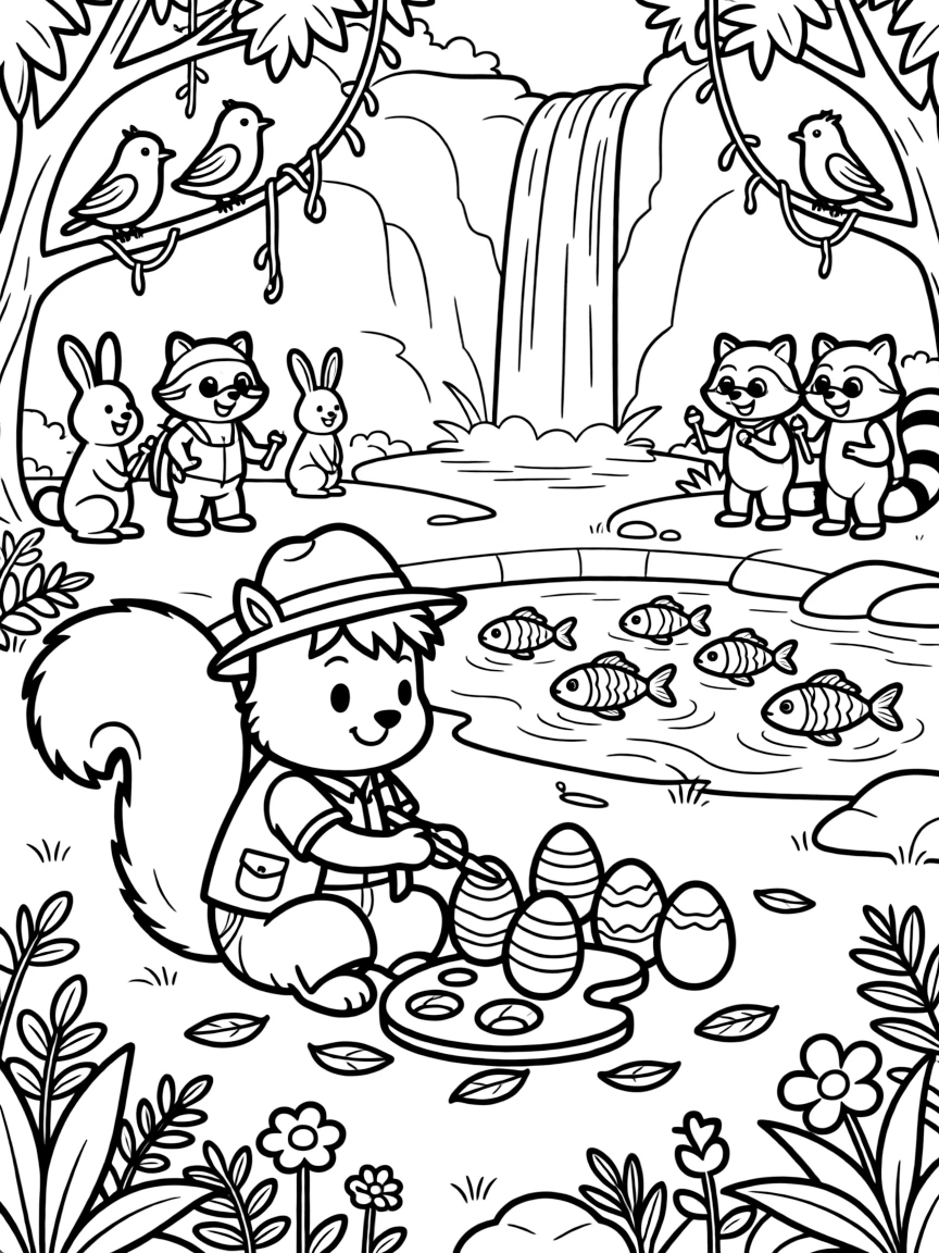 A round squirrel treasure hunter takes a break from adventures to try painting eggs in every color of the rainbow in a jungle clearing with hanging vines and waterfalls, with a school of rainbow fish swimming past close behind. The whole neighborhood has come out to join the fun.