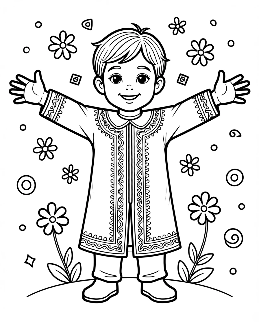 A coloring page portrait celebrating Algeria, showing a child wearing an embroidered karakou jacket with gold trim, standing proudly with arms outstretched and a warm smile, surrounded by simple decorative patterns.