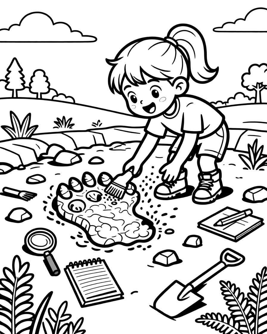 a bold young girl brushes dust off a giant fossilized dinosaur footprint in a dig site.