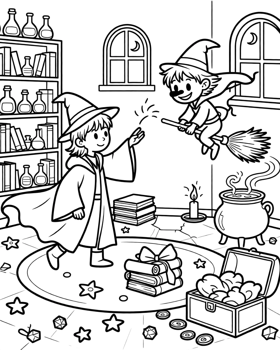 A wizard duels a rogue broomstick that refuses to stop sweeping, chasing it around the cluttered tower room.