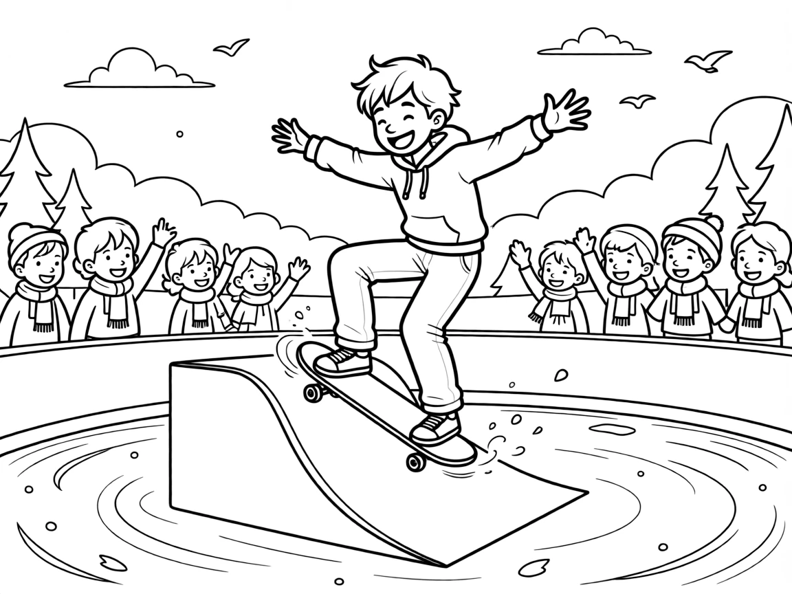 [Sports] A dynamic scene shows a skateboarder doing a trick launching off a skate ramp on an ice rink, laughing joyfully. Close by, a crowd fills the stands. Sneakers kick up small clouds of dust. The moment unfolds at sunrise, with a light breeze blowing, filled with energetic detail perfect for a young colorist.