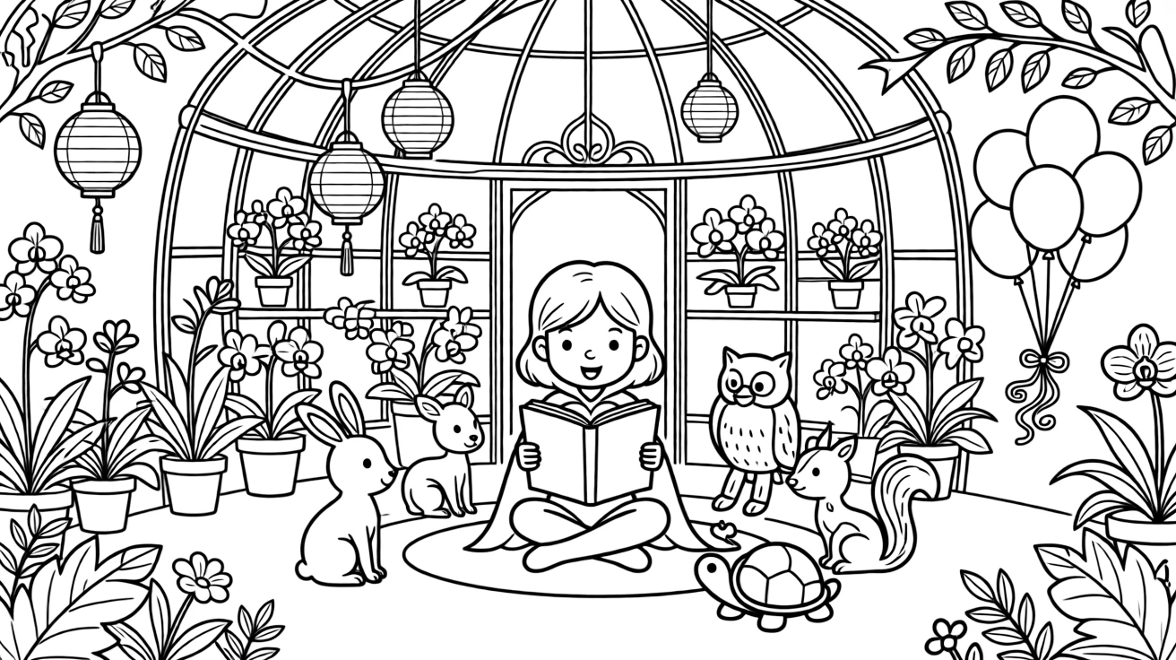 A girl superhero with a flowing cape is reading a storybook aloud to a circle of animal friends inside a greenhouse conservatory filled with orchids. Close by, paper lanterns hanging from low branches and a cluster of bouncing balloons tied with ribbon bring the scene to life.