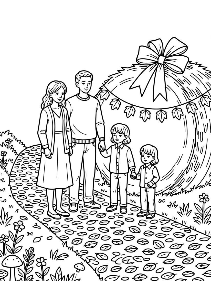 A close-up of a family gathered for a peaceful reflection along a path covered in fallen red and orange leaves, surrounded by a hay bale decorated with a bow and a string of paper leaf garlands.