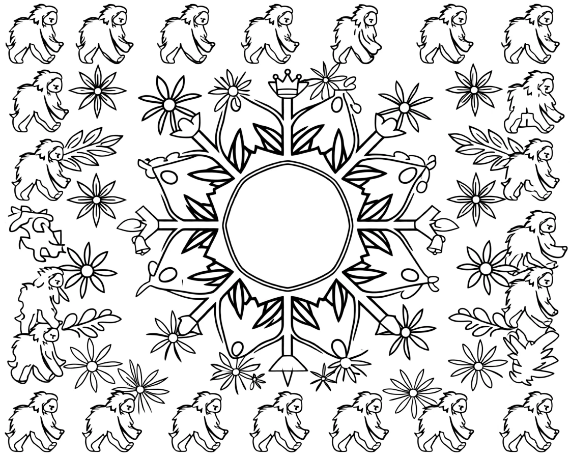 Mythical & Fantasy Creatures: The page centers on a repeating motif of a baby yeti with shaggy rounded fur, built around a snowflake-shaped mandala with six symmetrical arms. The motif is shown marching in a repeating row all the way around the border of the page, framing an open medallion left blank in the center. Decorative details fill the surrounding space, including rays fanning out like a small sunburst, clusters of tiny bells, and layered leaf clusters woven throughout the background. A playful extra touch completes the page: a small crown resting just above the center of the design.