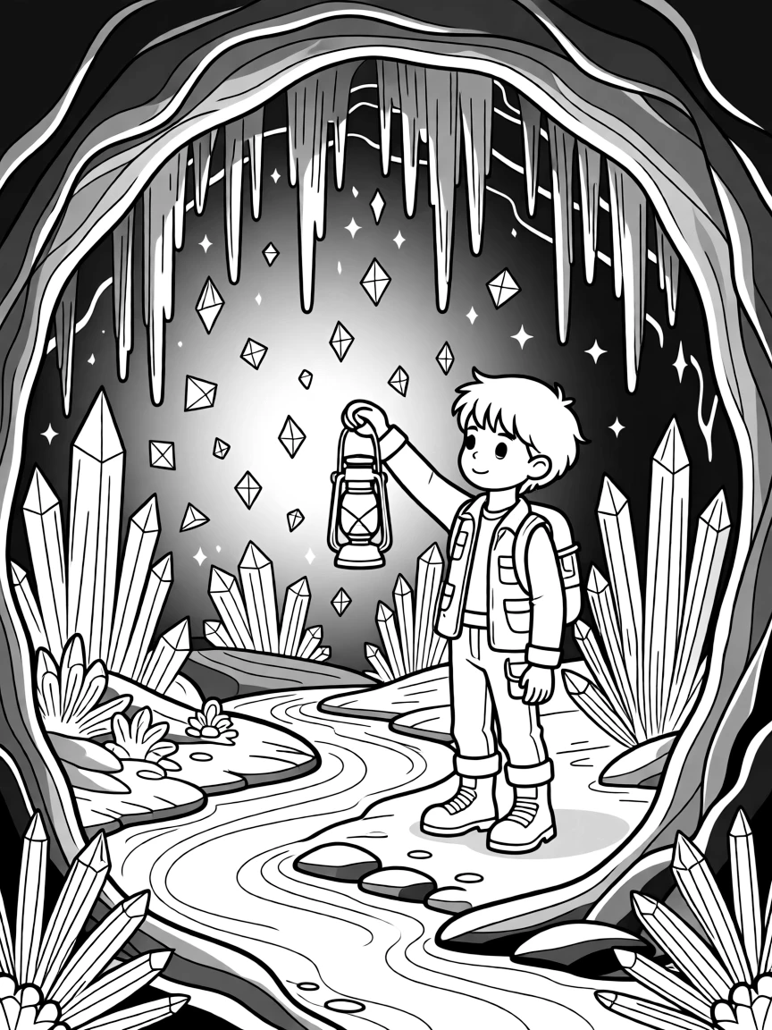 [Mystical Caves] A young explorer holds up a lantern, illuminating a cave wall covered in sparkling crystals. A small underground stream trickles past clusters of glittering mineral formations. Towering stalactites and stalagmites form natural archways throughout the glittering cavern. Quiet darkness surrounds the cave entrance, broken only by patches of glowing crystal.
