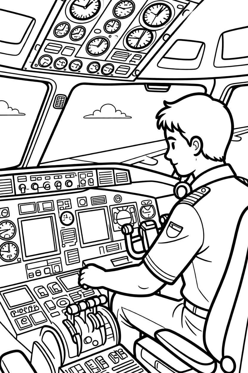 A flight engineer checks instruments in the cockpit of a commercial jet.
