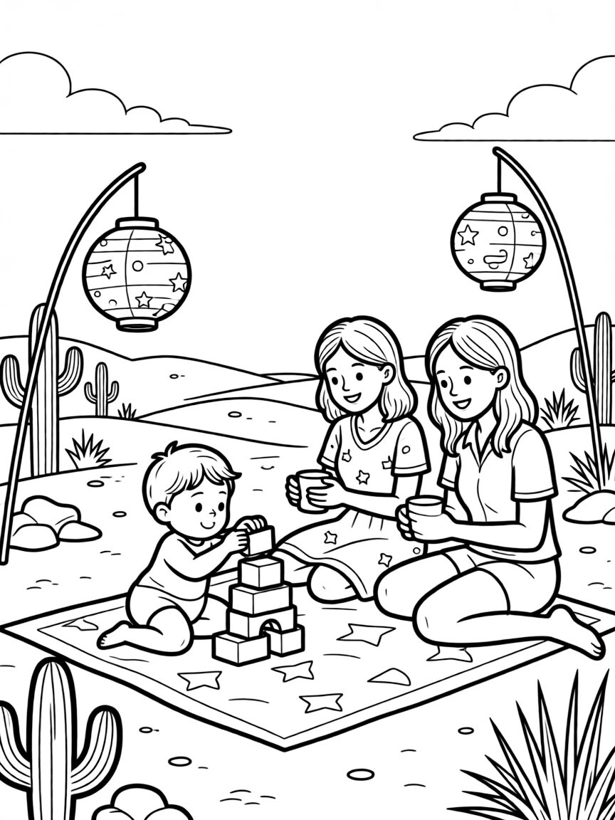 A crawling baby stacking soft blocks with two moms at a desert campsite with paper lanterns swaying gently.