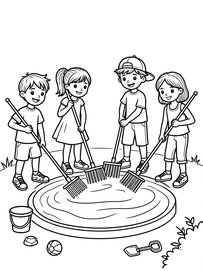 A team of neighborhood kids, raking the sand pit smooth before the next competitor's turn.