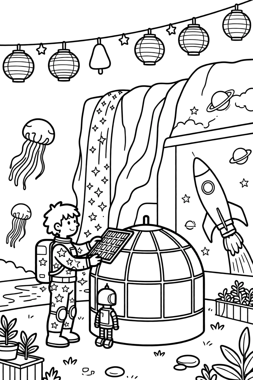 Cadet Cinder, a young space explorer in a starry spacesuit grafting a new solar panel onto a robot farmer's greenhouse near a night market lit by paper lanterns and glowing jellyfish, surrounded by a waterfall of sparkling light cascading down a cliff and a mural of a rocket ship painted on a nearby wall.