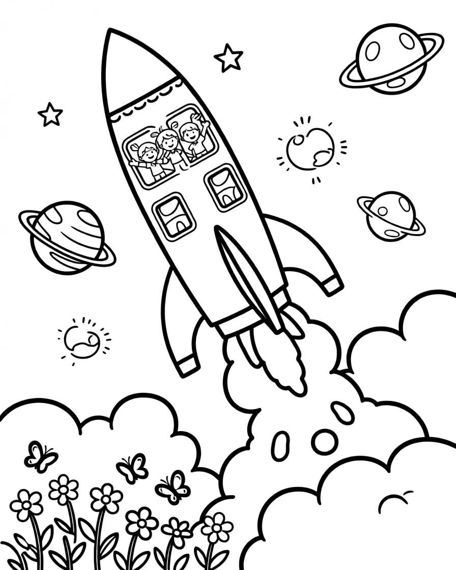 In this scene, a satellite-launching rocket rising past fluffy clouds is the star of outer space, dotted with twinkling stars and colorful planets, joined by a group of cheerful kids waving from the windows, with butterflies fluttering near a patch of wildflowers and a bouncy trail of moon dust kicked up behind the wheels scattered throughout for kids to color.