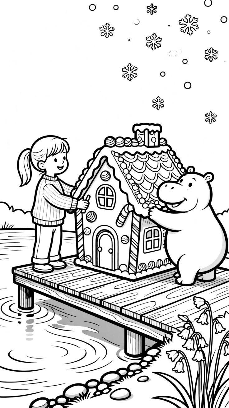 A chick on a wooden dock over a pond, decorating a gingerbread house with a hippo, next to a bluebell woodland, as gentle snowflakes drift down.