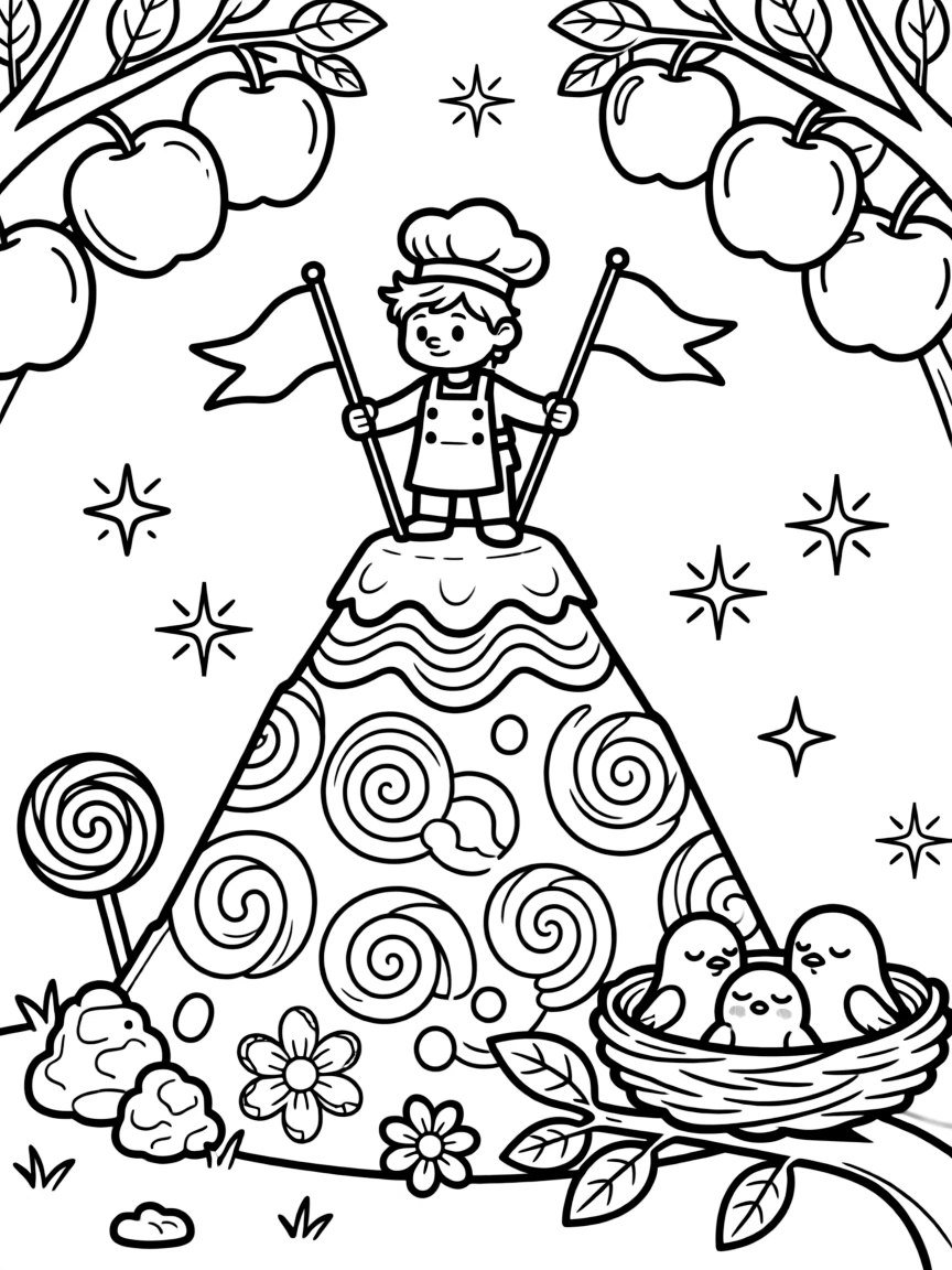 A shy ogre chef takes a break from adventures to try planting flags on top of a candy mountain summit in an orchard heavy with giant candy apples, with a nest of sleepy baby birds close behind. Sparkles and stars fill the air with magic.