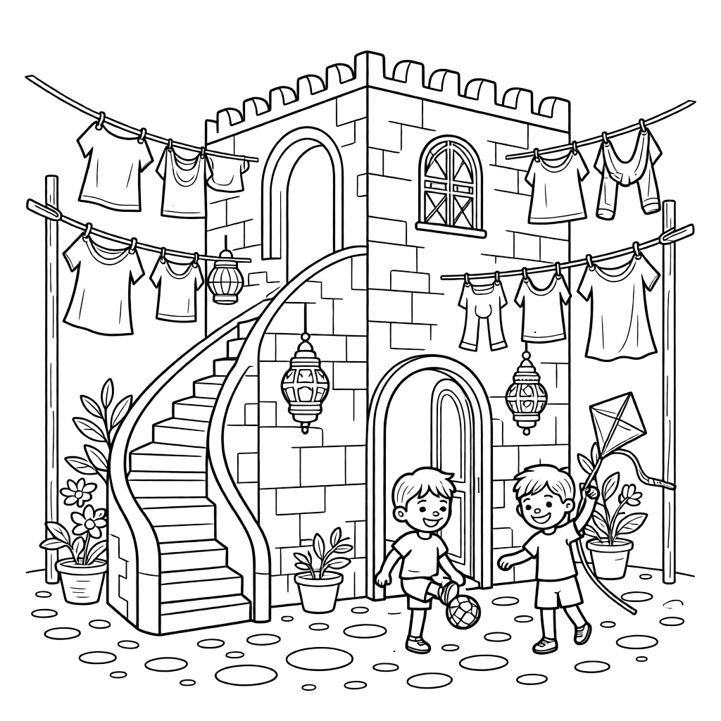 A coloring page featuring a whitewashed casbah house with narrow winding stairways in Algeria, with children playing just outside the door and laundry or lanterns strung nearby.