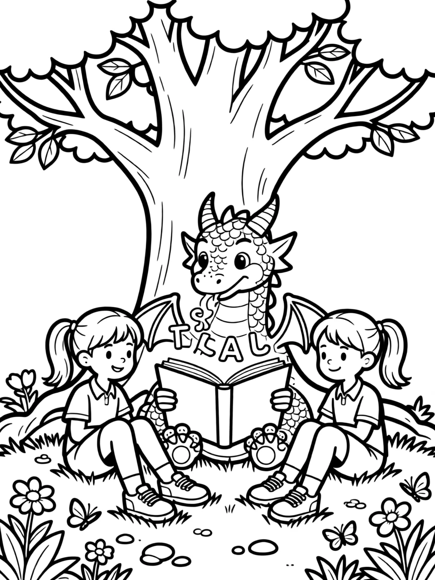 adventurous twin sisters watch a friendly dragon slowly sound out letters from a giant glowing storybook.