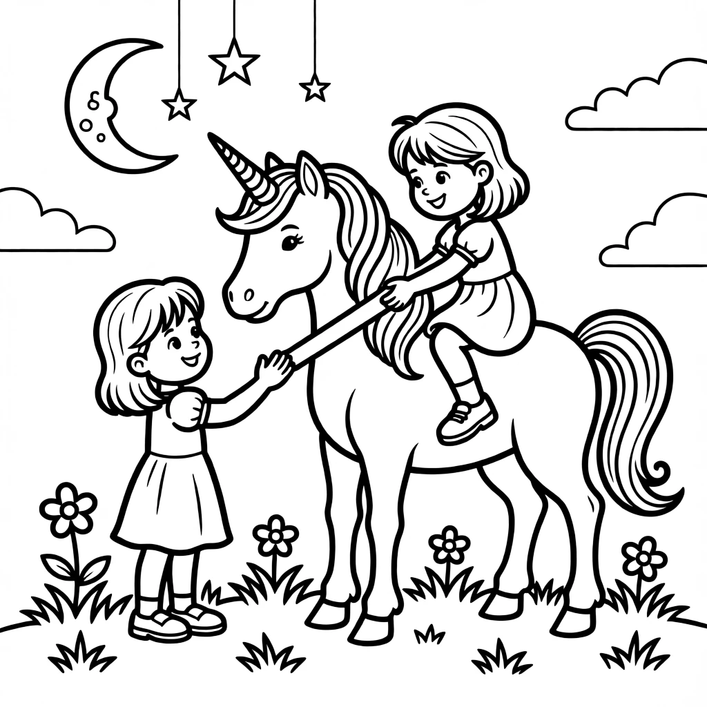 A unicorn and a young girl share a secret handshake before she climbs onto its back for a moonlit ride.
