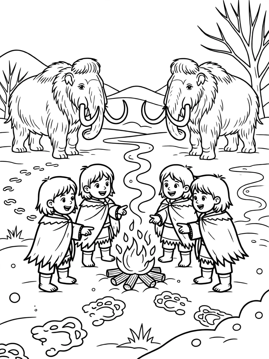 [Prehistoric Worlds] a group gathered around a fire tracking animal footprints across snow on a frozen prehistoric plain, grinning with excitement, while woolly mammoths roam in the distance fills the surrounding area. Fur wraps provide warmth against the cold. Set at sunset, under clear blue skies, the page bursts with adventure and imagination.