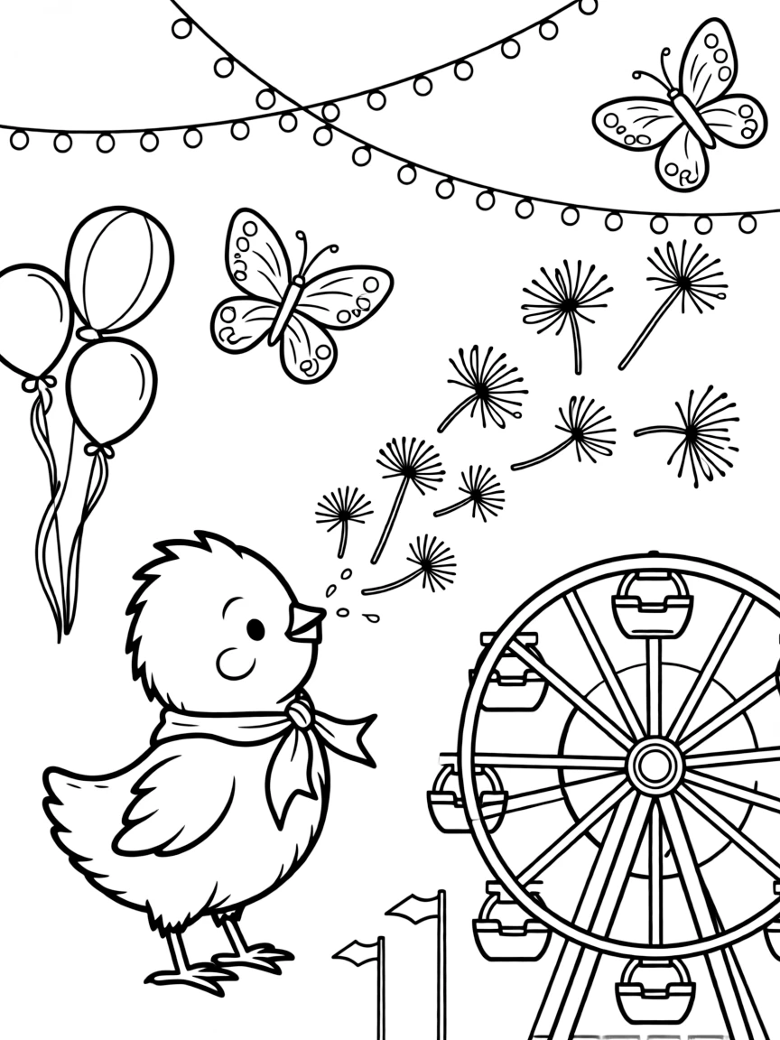 A fluffy yellow chick is blowing dandelion seeds into the breeze at a lively carnival with a spinning ferris wheel. Close by, strings of fairy lights strung overhead and fluttering butterflies drifting nearby add a playful, cheerful touch.