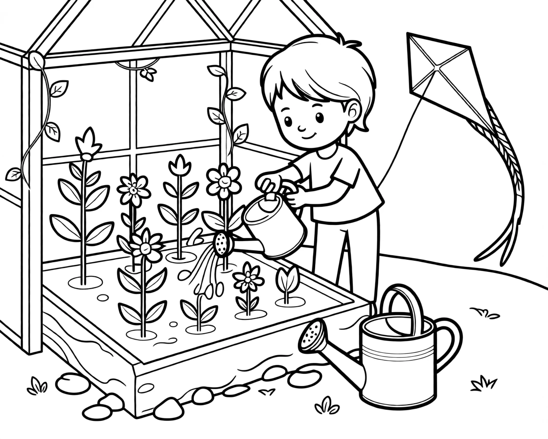 A watering can pouring over a fresh garden bed in a greenhouse filled with budding plants, with a watering can beside a flower bed and a kite shaped like a bird nearby.
