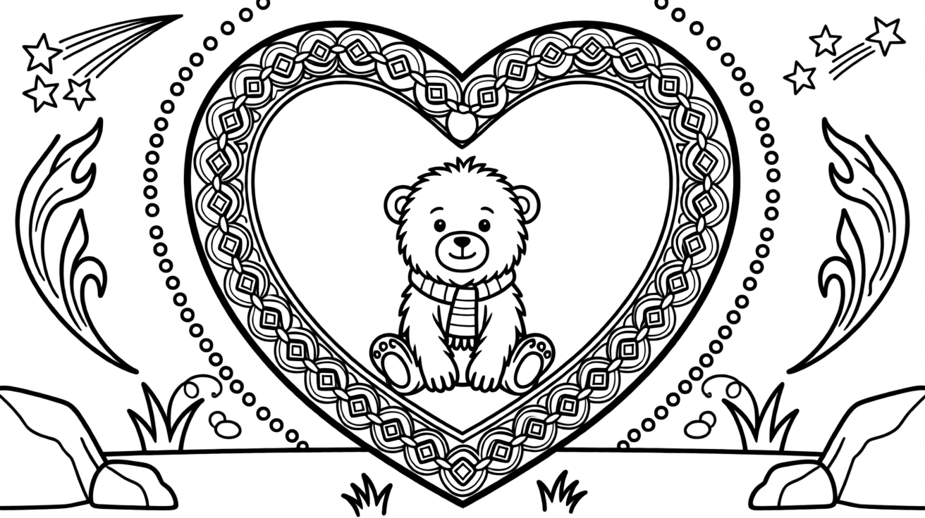 Mythical & Fantasy Creatures: The page presents a small themed scene built around a baby yeti with shaggy rounded fur, tied together by a heart-shaped mandala framed by soft curling loops. The scene is placed in the center of a small symmetrical scene, with matching background details balanced evenly on both sides. Decorative details fill the surrounding space, including a repeating chain of small diamonds, a trail of evenly spaced dots, and flame-shaped tips curling upward woven throughout the background. A playful extra touch completes the page: a small cluster of shooting stars tucked into one corner.